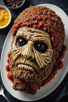 A photo of a  Mummy Meatloaf which is a type of halloween adult dinner ideas Realistic Halloween Cakes, Spooky Halloween Dinner Party, Halloween Dinner Party Menu Food Ideas, Cool Halloween Food Ideas, Creepy Halloween Dessert Ideas, Halloween Dinner Recipes Main Dishes, Gruesome Halloween Food, Halloween Fine Dining, Halloween Indian Food