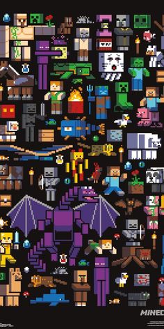 an old school pixel art poster with many different characters