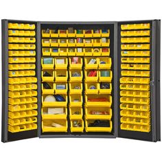 a large storage cabinet with yellow bins