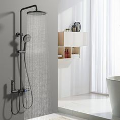 a shower head with thermostaer and hand held shower faucet