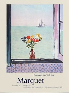 a painting of flowers in a vase on a window sill with the ocean behind it