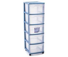 a blue and white storage cart with three drawers