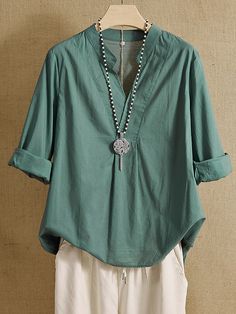 Green V-neck Plain Casual Long Sleeve Blouse V-neck Tops For Spring, Spring V-neck Top, Casual Solid Color V-neck Top For Spring, Solid Color V-neck Blouse For Summer, V-neck Solid Color Summer Blouse, Casual Spring Blouse With Notched Neckline, Summer V-neck Solid Color Blouse, Summer Solid Color V-neck Blouse, Casual Blouse With Notched Neckline For Spring