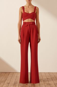 (this brand is amazing, but super expensive) Honeymoon Wear, Statement Pants, Red Trousers, Knife Pleat, Shona Joy, Backless Top, Red Pants, Tailored Pants, Pant Set