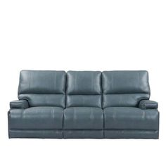 the reclining sofa is shown in blue leather