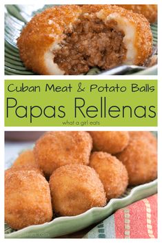 some food that is on a plate and in the middle with words cuban meat and potato balls papas rellenas