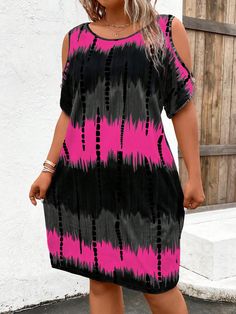 Plus Size Round Neck Open Shoulder Short Color Block Dress, Casual Daily Wear Multicolor Casual  Short Sleeve Fabric Colorblock,Striped,Tie Dye,All Over Print Tee High Stretch  Women Plus Clothing, size features are:Bust: ,Length: ,Sleeve Length: Vestido Casual, Striped Tie, Colorblock Dress, Printed Tees, Plus Clothing, Open Shoulder, Plus Size Dresses, Batik, Color Block