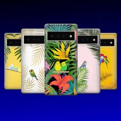 four different colored cell phones with birds and tropical plants on them, all showing the same design