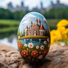 a painted egg sitting on top of a rock next to a lake and yellow flowers