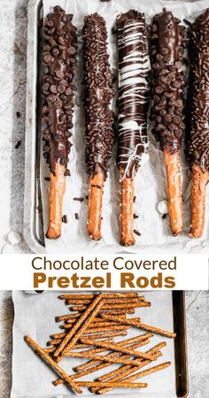 chocolate covered pretzel rods are lined up on a baking sheet and ready to be eaten