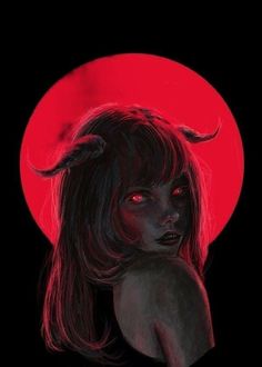 a painting of a woman with horns on her head and blood red eyes in front of a full moon