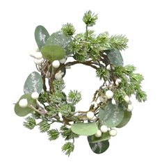 a wreath with green leaves and white berries