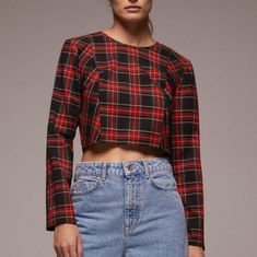 Plaid Crop Top Edgy Red Tops For Fall, Fitted Plaid Zara Tops, Zara Ribbed Top, Denim Tank Top, Denim Tank, Plaid Crop Top, Denim Crop Top, Strap Crop Top, Black Sheer Top