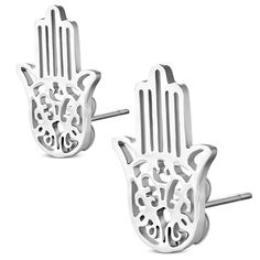 Stainless Steel Silver-Tone Hamsa Hand Womens Stud Earrings Hamsa Earrings Studs, Womens Stud Earrings, Number 15, Hand Of God, Womens Earrings Studs, Hamsa Hand, Steel Metal, Stainless Steel Material, Metal Stamping