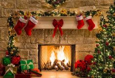 christmas stockings and hot dogs are hung over the fireplace