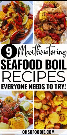 Text reads 9 Mouthwatering Seafood Boil Recipes You Have To Try Out! Large Crab Boil, Mini Shrimp Boil, Crab Bake Party Seafood Boil, Seafood Boil Menu Ideas, Noodles Seafood Boil, Seafood Boil In A Bag In Oven, Crab Boil Stove Top, Diy Seafood Boil, Seafood Boil Recipes In A Bag