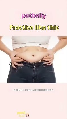 a woman is showing off her stomach with the words potbelly practice like this results in