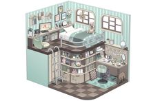 a room with a bed, desk and shelves in the center is shown as if it could be an apartment