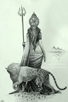 a drawing of a woman standing on top of a lion with a spear in her hand