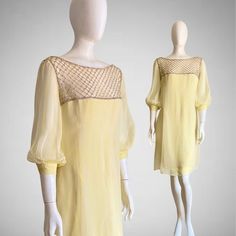 Yellow Embellished Silk Dress, Yellow Vintage Silk Dresses, Vintage Yellow Silk Dress, Vintage Dress 60s, 70s Maxi Dress, Chiffon Cocktail Dress, 1960's Dress, Sequin Party Dress, 60s Dress