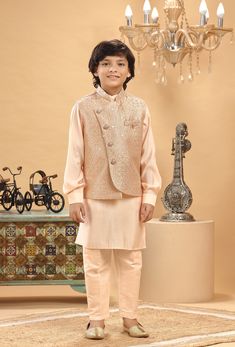 **Specifications : Please visit our brand store for more collection. StitcheryUK.etsy.com  If you need Father and Son same outfits we can make by customised for that kindly message me. Top Details Color- Peach, Fabric - Soft Blended Embroidered Fabric Bottom Details Color- Peach, Fabric - Blended Slik , Style - Elastic Pant Package Include :INCLUDES 1 BANDI, 1 KURTA AND 1 PANT. Turban ,Mojari And Other Accessories Are Not Sold Along With The Dress. CARE: DRY CLEAN ONLY *Additional Information : Festive Pink Nehru Jacket With Intricate Embroidery, Festive Outerwear With Handwork, Festive Fitted Nehru Jacket With Pearl Embroidery, Embroidered Peach Sets For Reception, Pink Festive Outerwear For Wedding, Festive Pink Outerwear For Wedding, Pink Wedding Outerwear For Festive Season, Pink Wedding Outerwear, Traditional Nehru Jacket With Pearl Embroidery For Eid