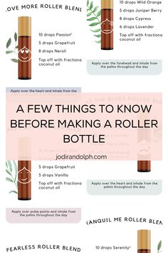 Ever wonder what you need to know before making a roller bottle? Making essential oil roller bottles is easy but there are a few things to know to help you along the way. Check out my blog post for more information about making essential oil roller bottles and for some great roller bottle recipes. Diy Essential Oil Roller Blends, Roller Ball Perfume Recipes, Essential Oil Roller Recipes, Essential Oil Roller Bottle Recipes Doterra, Essential Oil Recipes For Roller Bottles, Calming Essential Oil Blend Roller, Essential Oil Roller Bottle Blends