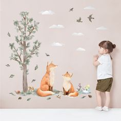 Decorate your kids room with the cutest fox family enjoying the beautiful day in a forest glade. All elements come separately and are painted with beautiful watercolours that look amazing on our matte paper wall sticker. The soft muted colors work great with any kind of interiors. You can combine this decal set with our other Nordic Forest -series wall stickers. ✨ PRODUCT DETAILS ✨ ✦  Includes: Fox & Fox cub, 1 tree with separate leaves, clouds, 3 birds, ground elements ✦  Size of tree: 34 x 94 Nordic Forest, Owl Nursery Decor, Forest Wall Decals, Wall Tree, Woodland Watercolor, Kids Room Wall Stickers, Family Wall Decals, Owl Nursery, Nursery Mural