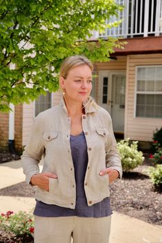 Linen blazer gift for mom - 100% European flax - pre-washed/pre-shrunk - medium weight linen - soft and comfortable - great texture and lovely wrinkles Spring Linen Outerwear With Buttons, Relaxed Fit Linen Casual Outerwear, Casual Linen Outerwear With Pockets, Relaxed Fit Linen Outerwear, Beige Linen Outerwear For Spring, Beige Linen Spring Outerwear, Spring Relaxed Fit Ramie Outerwear, Spring Beige Linen Outerwear, Casual Outerwear In Relaxed Fit Made Of Ramie