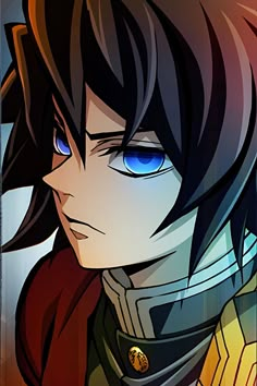 an anime character with black hair and blue eyes looking at the camera while wearing armor