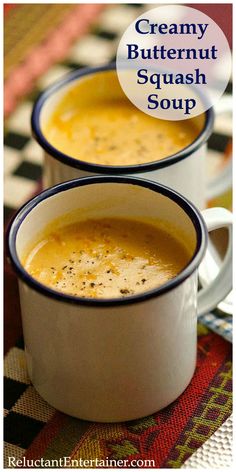 two bowls of creamy butternut squash soup on a colorful tablecloth with text overlay