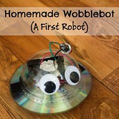 a cd with googly eyes on it and the words homemade wobblebot