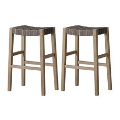 two wooden stools sitting next to each other on a white background with no one in the photo