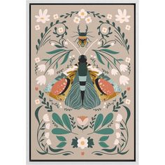 an insect with flowers and leaves in the background is shown on a beige wallpaper