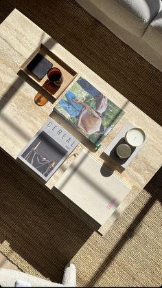 an aerial view of a coffee table with magazines on it