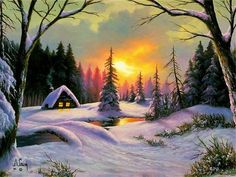 a painting of snow covered trees and a cabin in the distance with a sunset behind it