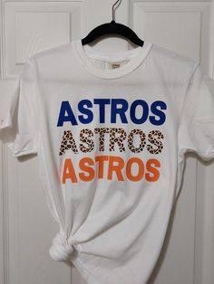 Houston Astros Shirt with Leopard, Orange & Blue image. Astros Shirt Ideas, Spring Fan Merchandise Shirt With Letter Print, Summer Game Day Shirt With Letter Print, Astros Shirt, Houston Astros Shirts, Custom Teacher Gifts, Astros Baseball, Leopard Shirt, Cute Shirt Designs