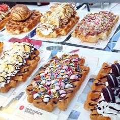 many different types of waffles are on display