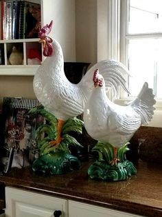 two white roosters standing on top of a counter in front of a book shelf