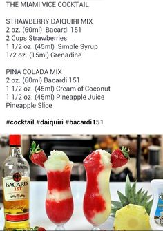 two cocktails with strawberries and pineapple on the side next to each other