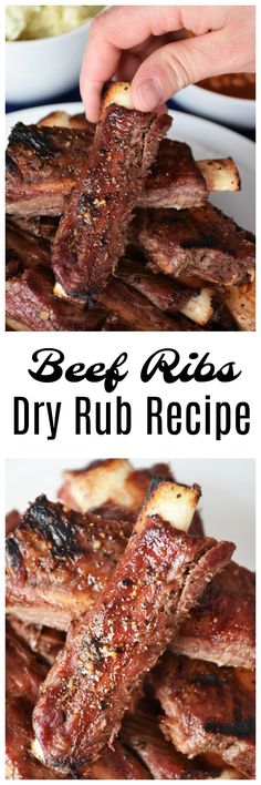 beef rib recipe on a white plate with text overlay