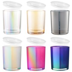 six different colored glass cups with lids on each one and the same color as the other