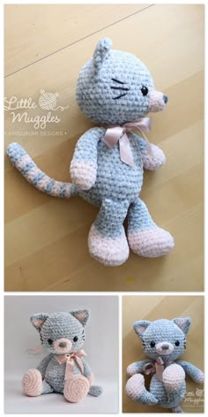 crocheted stuffed animal cat sitting on the floor with four different pictures showing it's front and side views