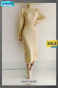 Long Sleeve Plain Elegant Regular Fit Midi Dress Long Beige Midi Dress For Fall, Beige Long Midi Dress For Fall, Casual Beige Maxi Dress For Winter, Casual Long Winter Maxi Dress, Casual Long Maxi Dress For Winter, Winter Casual Long Maxi Dress, Long Beige Winter Dresses, Beige Sweater Dress For Spring, Beige Sheath Dress For Fall