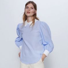 Zara Contrasting Poplin Blouse Size Small (S) Color: Light Blue Never Worn. Chic Collared Poplin Blouse, Blue Cotton Tops With Cuffed Sleeves, Chic Collared Poplin Top, Blue Collared Top With Cuffed Sleeves, Collared Poplin Blouse For Office, Long Sleeve Poplin Tops For Summer, Spring Collared Poplin Top, Blue Collar Blouse For Daywear, Blue Spring Blouse With Collar