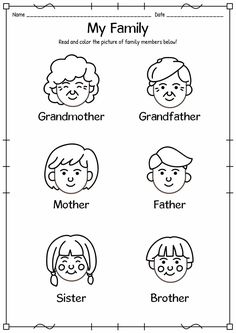 the family worksheet for kids to learn how to read and draw their faces