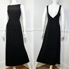 "Y2K vintage black glitter rose formal dress by Teddi Evenings. Super stretchy black fitted gown. Wide boat neckline. Tank style straps. Fitted through the bodice, waist and hips. All over sparkling black dot and large scale rose print. Very sparkly in person. low V back. Pulls over the head, no closures. No lining. { LABEL- FABRIC- TAG SIZE } Teddi Evenings Acetate | Spandex Size 8- refer to measurements { MEASUREMENTS } Shown clipped on a 5'8\" Mannequin with 33\" Bust- 25\" Waist- 35\" Hips    Bust- 34\" to 40\" Waist- 28\" to 34\" Hips- 40-48\" Total Length- 53\" { CONDITION } Excellent Vintage Condition PLEASE READ BEFORE PURCHASING For best fit, please compare measurements to a garment of your own that fits comfortably and please measure yourself before completing your purchase. It i Formal Glitter Evening Dress With Fitted Bodice, Elegant Black Glitter Evening Dress, Elegant Evening Dress With Glitter And Fitted Bodice, Elegant Glitter Evening Dress With Fitted Bodice, Fitted Glitter Dress For Evening, Vintage Backless Party Dress, Fitted Black Glitter Evening Dress, Fitted Glitter Evening Dress, Glitter Sleeveless Fitted Evening Dress