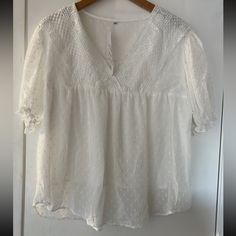 Nwt Gaovot Blouse. Beautiful Embroidery In The Neck Area And Puff Sleeves With Dots. White Color Size Large. Casual Swiss Dot V-neck Blouse, Casual V-neck Swiss Dot Blouse, White Broderie Anglaise Short Sleeve Blouse, V-neck Broderie Anglaise Blouse For Daywear, Daywear V-neck Top With Broderie Anglaise, V-neck Broderie Anglaise Top For Daywear, White Feminine V-neck Embroidered Top, White V-neck Feminine Embroidered Top, Summer White Swiss Dot Blouse