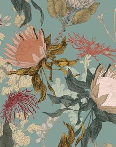 a floral wallpaper with many different flowers and leaves on blue, green, pink, yellow and white colors