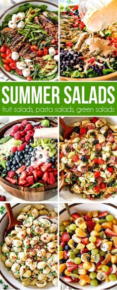 four different salads are shown in this collage with the words summer salads