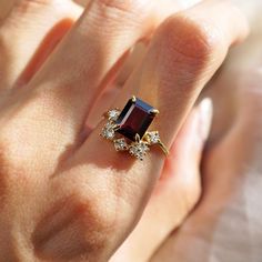 Bordeaux Garnet Ring | Tippy Taste Jewelry Red Stone Engagement Rings, Birthstone Engagement Rings, January Birthstone Rings, Red Garnet Ring, American Diamond Jewellery, Gem Ring, Garnet Ring, January Birthstone, Garnet Stone